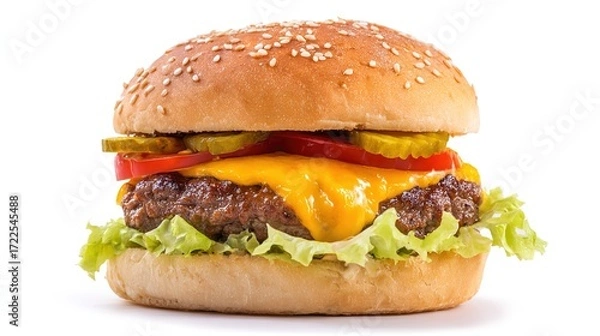 Fototapeta Juicy Beef Burger Topped with Melted Cheese, Grilled to a Golden Crisp—Every Bite Bursts with Rich, Savory Flavors, Boasting a Perfectly Seared Patty, Creamy Melted Cheese That Oozes With Each Bite