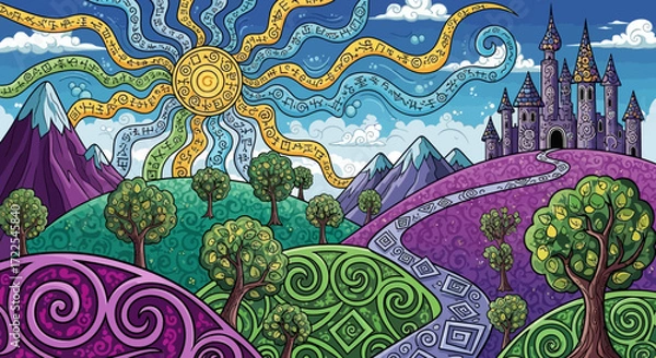 Fototapeta Whimsical Castle on a Hilltop with Intricate Patterns and a Stylized Sun.