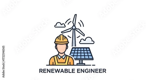 Fototapeta Renewable energy engineer icon representing green jobs in sustainable power generation with wind turbine and solar panel technology vector illustration