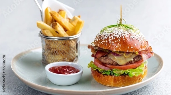 Fototapeta Juicy Beef Burger Topped with Melted Cheese, Grilled to a Golden Crisp—Every Bite Bursts with Rich, Savory Flavors, Boasting a Perfectly Seared Patty, Creamy Melted Cheese That Oozes With Each Bite