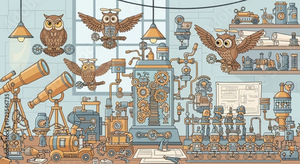 Fototapeta Whimsical Owl Laboratory with Intricate Steampunk Machinery and Scientific Instruments.