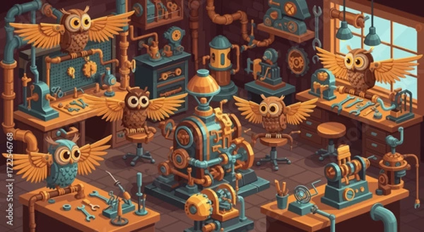 Fototapeta Whimsical Owl Inventors Crafting Steampunk Gadgets in a Bustling Workshop.