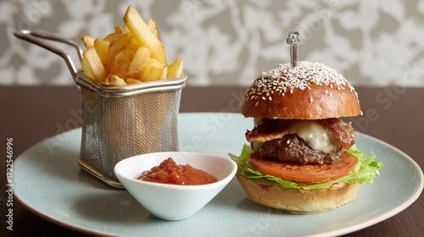 Fototapeta Juicy Beef Burger Topped with Melted Cheese, Grilled to a Golden Crisp—Every Bite Bursts with Rich, Savory Flavors, Boasting a Perfectly Seared Patty, Creamy Melted Cheese That Oozes With Each Bite