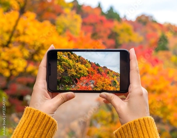 Obraz スマホ越しに広がる秋の紅葉、美しい景色を撮影