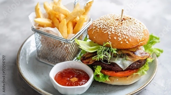 Fototapeta Juicy Beef Burger Topped with Melted Cheese, Grilled to a Golden Crisp—Every Bite Bursts with Rich, Savory Flavors, Boasting a Perfectly Seared Patty, Creamy Melted Cheese That Oozes With Each Bite