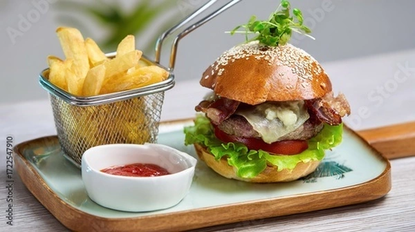 Fototapeta Juicy Beef Burger Topped with Melted Cheese, Grilled to a Golden Crisp—Every Bite Bursts with Rich, Savory Flavors, Boasting a Perfectly Seared Patty, Creamy Melted Cheese That Oozes With Each Bite
