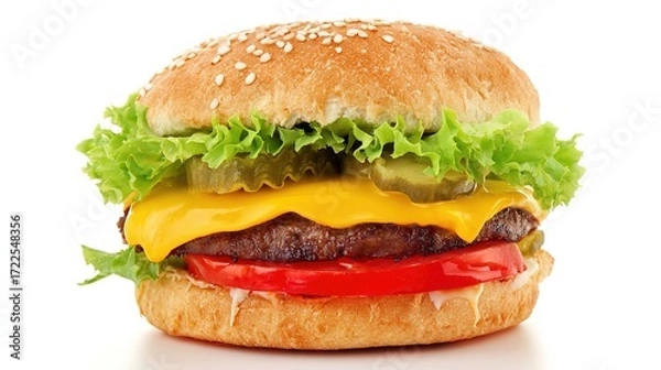 Fototapeta Juicy Beef Burger Topped with Melted Cheese, Grilled to a Golden Crisp—Every Bite Bursts with Rich, Savory Flavors, Boasting a Perfectly Seared Patty, Creamy Melted Cheese That Oozes With Each Bite