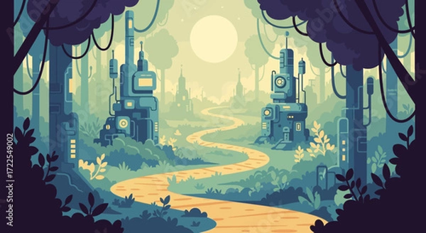 Fototapeta Winding Path Through a Mystical Forest with Futuristic Structures.