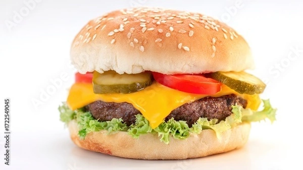 Fototapeta Juicy Beef Burger Topped with Melted Cheese, Grilled to a Golden Crisp—Every Bite Bursts with Rich, Savory Flavors, Boasting a Perfectly Seared Patty, Creamy Melted Cheese That Oozes With Each Bite