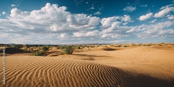 Fototapeta Vast Desert Landscape Under a Majestic Clouded Sky with Rippling Sand Dunes