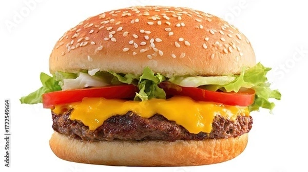 Fototapeta Juicy Beef Burger Topped with Melted Cheese, Grilled to a Golden Crisp—Every Bite Bursts with Rich, Savory Flavors, Boasting a Perfectly Seared Patty, Creamy Melted Cheese That Oozes With Each Bite