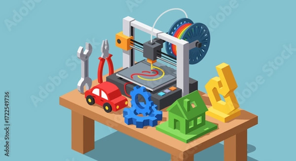 Fototapeta 3D Printer with Various Printed Objects and Tools on a Wooden Table.