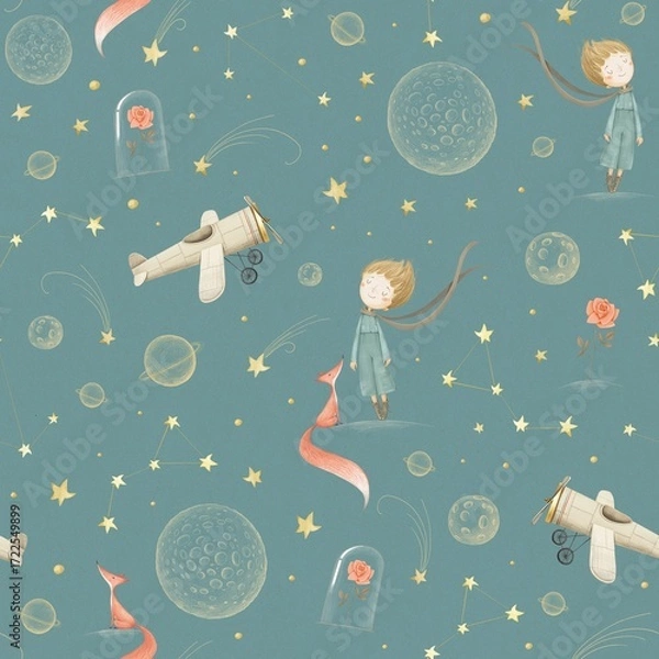Fototapeta Cute hand-drawn seamless pattern with a boy, a fox cub, a rose, an airplane. Blue background.