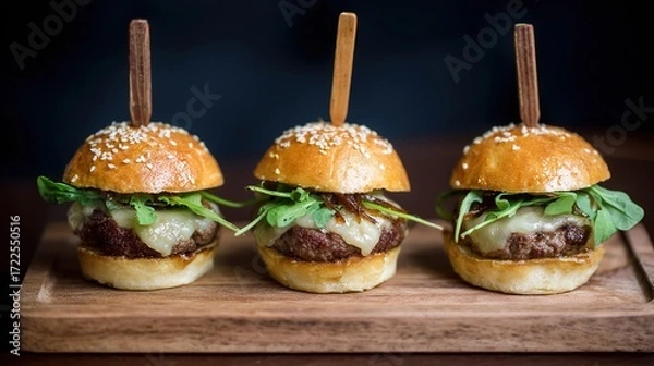 Fototapeta Juicy Beef Burger Topped with Melted Cheese, Grilled to a Golden Crisp—Every Bite Bursts with Rich, Savory Flavors, Boasting a Perfectly Seared Patty, Creamy Melted Cheese That Oozes With Each Bite