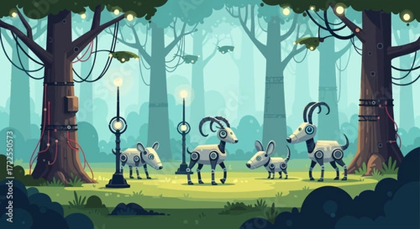 Fototapeta A group of stylized, skeletal goats with glowing eyes stand in a mystical forest setting.