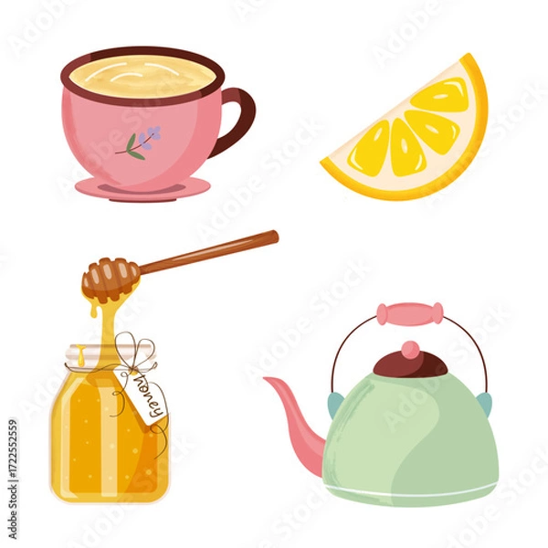 Fototapeta Colorful set green tea set, lemon wedge, pink mug, jar of honey. Hand drawn.
