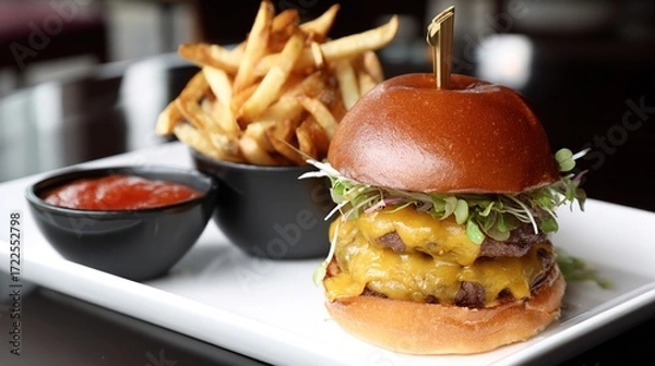 Fototapeta Juicy Beef Burger Topped with Melted Cheese, Grilled to a Golden Crisp—Every Bite Bursts with Rich, Savory Flavors, Boasting a Perfectly Seared Patty, Creamy Melted Cheese That Oozes With Each Bite