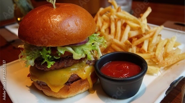 Fototapeta Juicy Beef Burger Topped with Melted Cheese, Grilled to a Golden Crisp—Every Bite Bursts with Rich, Savory Flavors, Boasting a Perfectly Seared Patty, Creamy Melted Cheese That Oozes With Each Bite