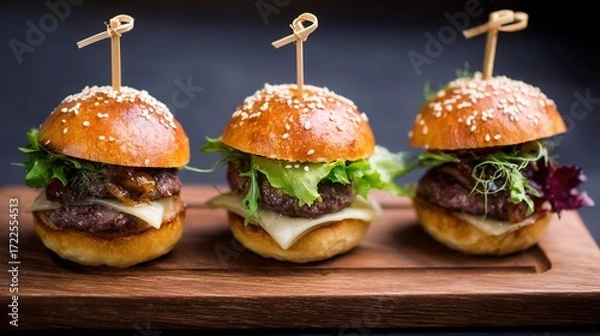 Fototapeta Juicy Beef Burger Topped with Melted Cheese, Grilled to a Golden Crisp—Every Bite Bursts with Rich, Savory Flavors, Boasting a Perfectly Seared Patty, Creamy Melted Cheese That Oozes With Each Bite