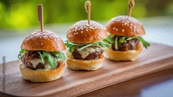 Fototapeta Juicy Beef Burger Topped with Melted Cheese, Grilled to a Golden Crisp—Every Bite Bursts with Rich, Savory Flavors, Boasting a Perfectly Seared Patty, Creamy Melted Cheese That Oozes With Each Bite