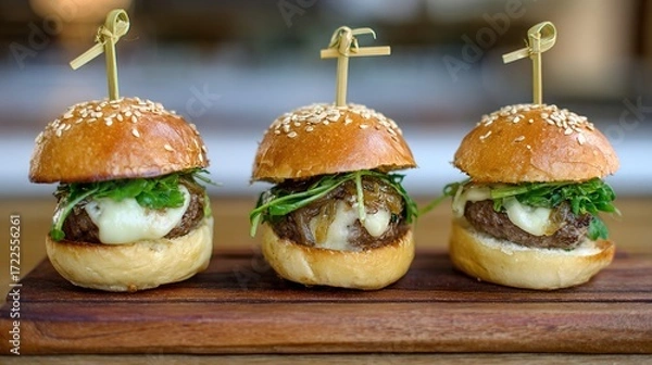 Fototapeta Juicy Beef Burger Topped with Melted Cheese, Grilled to a Golden Crisp—Every Bite Bursts with Rich, Savory Flavors, Boasting a Perfectly Seared Patty, Creamy Melted Cheese That Oozes With Each Bite