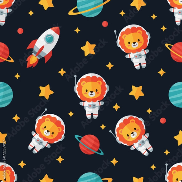 Fototapeta Cute astronaut lions rockets planets and stars in a playful space adventure pattern