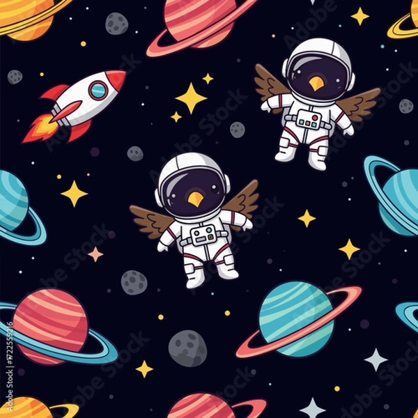 Fototapeta Cute bird astronauts and rockets in a starry galaxy pattern Space exploration fun for kids