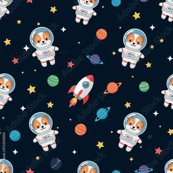 Fototapeta Cute dogs in astronaut suits exploring space with planets stars and a rocket Fun cosmic pattern