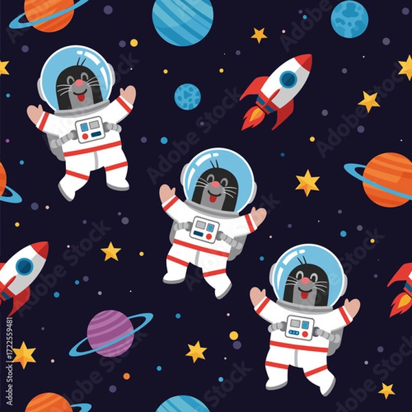 Fototapeta Happy moles in astronaut suits explore colorful space with planets stars and rockets Fun childhood adventure