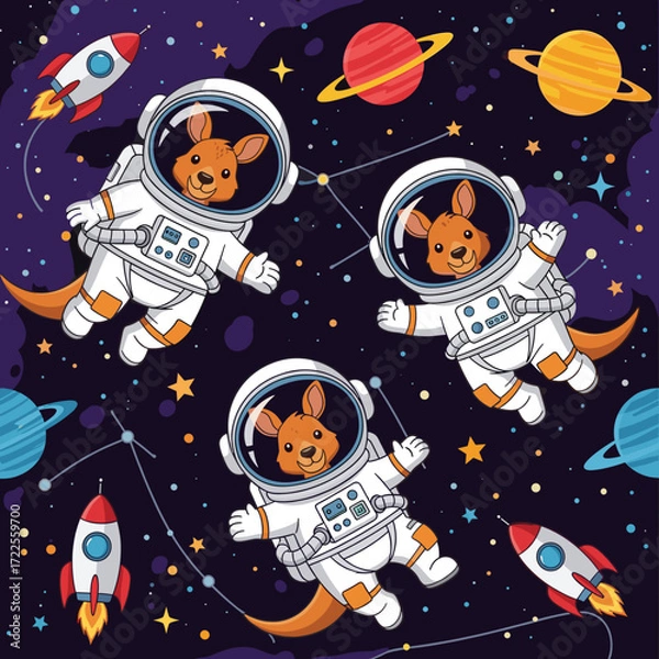 Fototapeta Joyful cartoon kangaroos in astronaut suits exploring outer space with rockets and planets Kids cosmic adventure