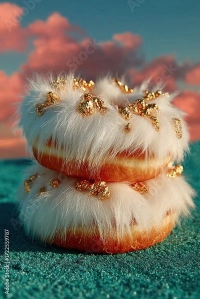 Fototapeta Two fluffy donuts with a unique fur-like texture and golden toppings stacked on a vibrant surface against a colorful sky backdrop. neutral background, clear negative space, clean composition