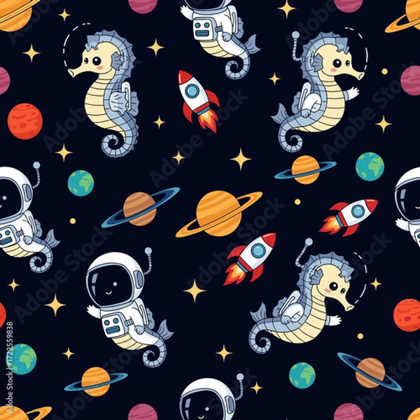 Fototapeta Whimsical cartoon seahorse astronauts explore outer space with rockets and planets Fun kids design