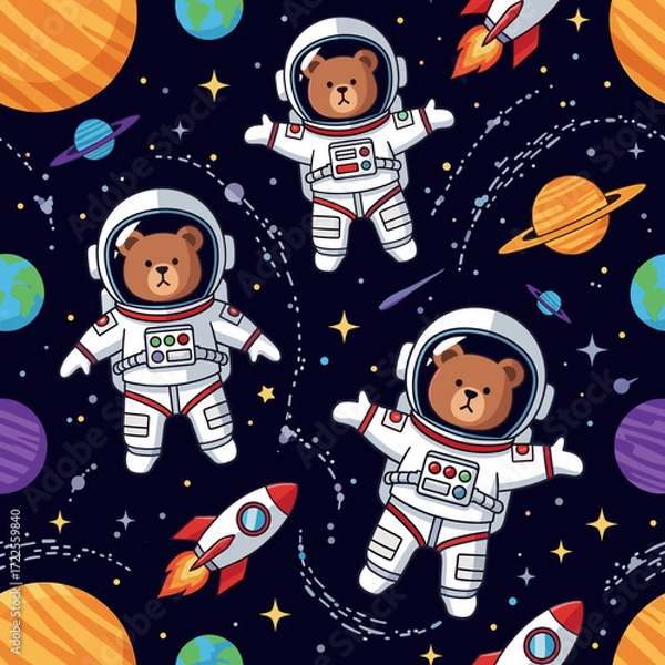 Fototapeta Cute cartoon bear astronauts exploring colorful outer space with planets and rockets Fun cosmic adventure