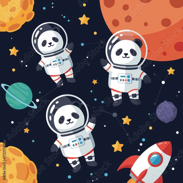 Fototapeta Cute cartoon pandas in astronaut suits explore outer space with planets stars and a rocket