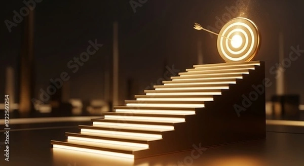 Fototapeta Achieve success concept golden stairs leading to target with arrow business goal achievement path