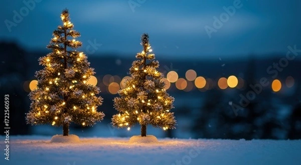 Fototapeta Cute Christmas Trees with Lights in Winter Snowy Landscape at Dusk Creating a Cozy Holiday Atmosphere