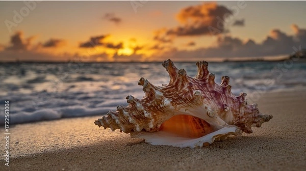 Fototapeta Gorgeous Conchs Scattered Along the Sunny Seaside—Their Shiny, Swirled Shells in Soft Hues of White, Pink, and Blue Glow Under the Sun, Blending Perfectly With the Blue Waves, Golden Sand