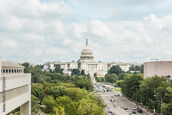 Fototapeta Aerial view of United States Congress on overcast cloudy day in Washington DC