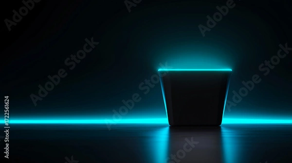 Fototapeta Futuristic pedestal illuminated by glowing blue light in a dark, minimalist space. Ideal for tech branding, product mockups, or digital concept art.