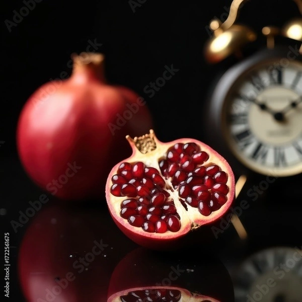 Fototapeta Fresh pomegranate cut open with vintage clock in background