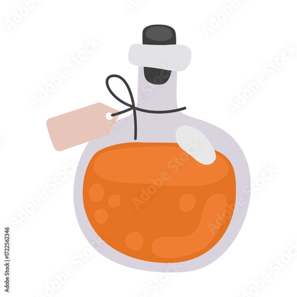Obraz Halloween potion bottle. Glass round bottle with orange poison, potion, elixir.