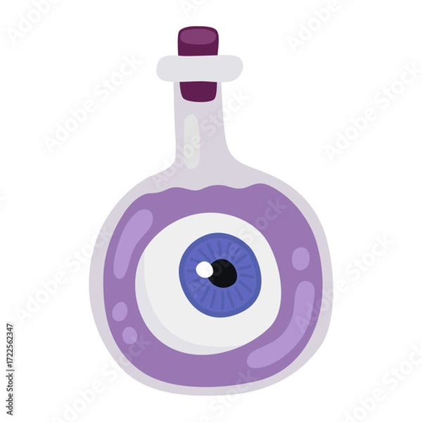 Obraz Halloween potion bottle. Glass bottle with purple poison with eyeball, potion, elixir and a label with a skull.	