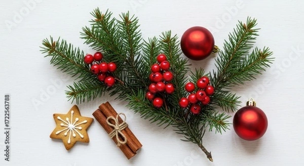 Fototapeta Festive Arrangement of Christmas Ornaments, Pine Branch, Cinnamon Sticks, Red Berries, and Gingerbread Cookie on White Background