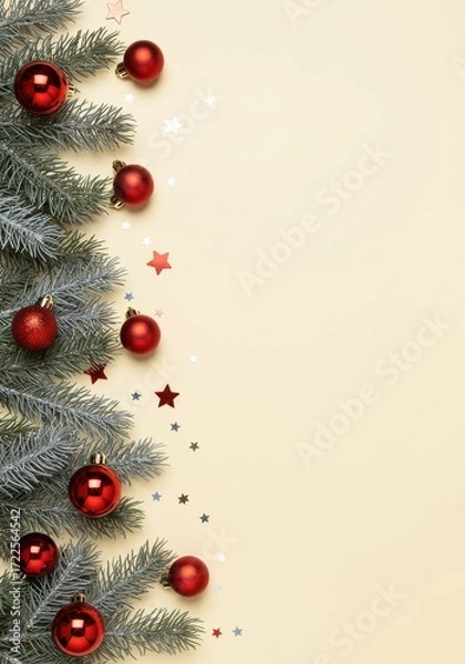 Fototapeta Festive Christmas Background with Green Pine Branches and Red Ornament Balls on Soft Yellow Surface