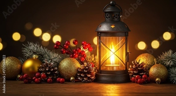 Obraz Cozy Lantern with Warm Light Surrounded by Holiday Decorations and Natural Elements for Festive Atmosphere