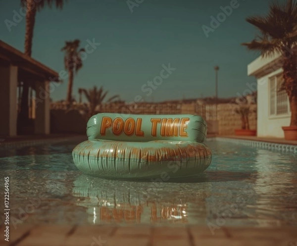 Fototapeta A vibrant inflatable float with the words 'POOL TIME' is seen floating in a clear swimming pool surrounded by palm trees and a sunny atmosphere. The scene captures a perfect summer vibe. neutral