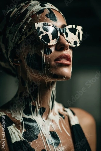 Fototapeta A person with their face completely covered in dripping white milk, wearing cow-patterned sunglasses and a headscarf, creating a striking visual effect. neutral background, clear negative space