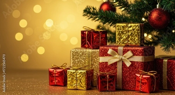 Fototapeta Festive Christmas Gifts Surrounded by a Holiday Tree and Glowing Bokeh Lights in a Warm Atmosphere