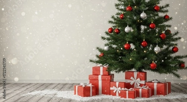 Fototapeta Festive Christmas Tree Decorated with Red and Silver Ornaments Surrounded by Gift Boxes on a Snowy Floor