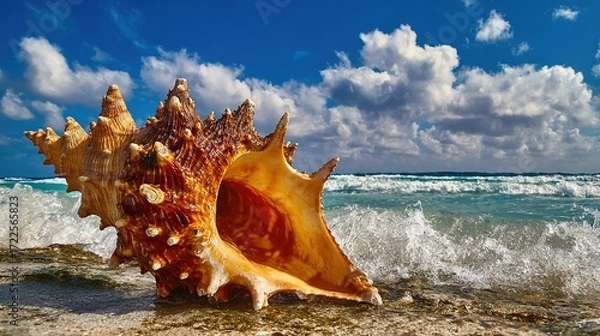 Fototapeta Gorgeous Conchs Scattered Along the Sunny Seaside—Their Shiny, Swirled Shells in Soft Hues of White, Pink, and Blue Glow Under the Sun, Blending Perfectly With the Blue Waves, Golden Sand